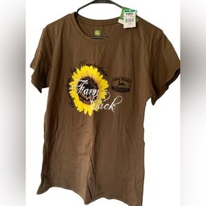 JD Tractor “Farm Chick” Womens T-Shirt Size M Brown Sunflower Short Sleeve NEW